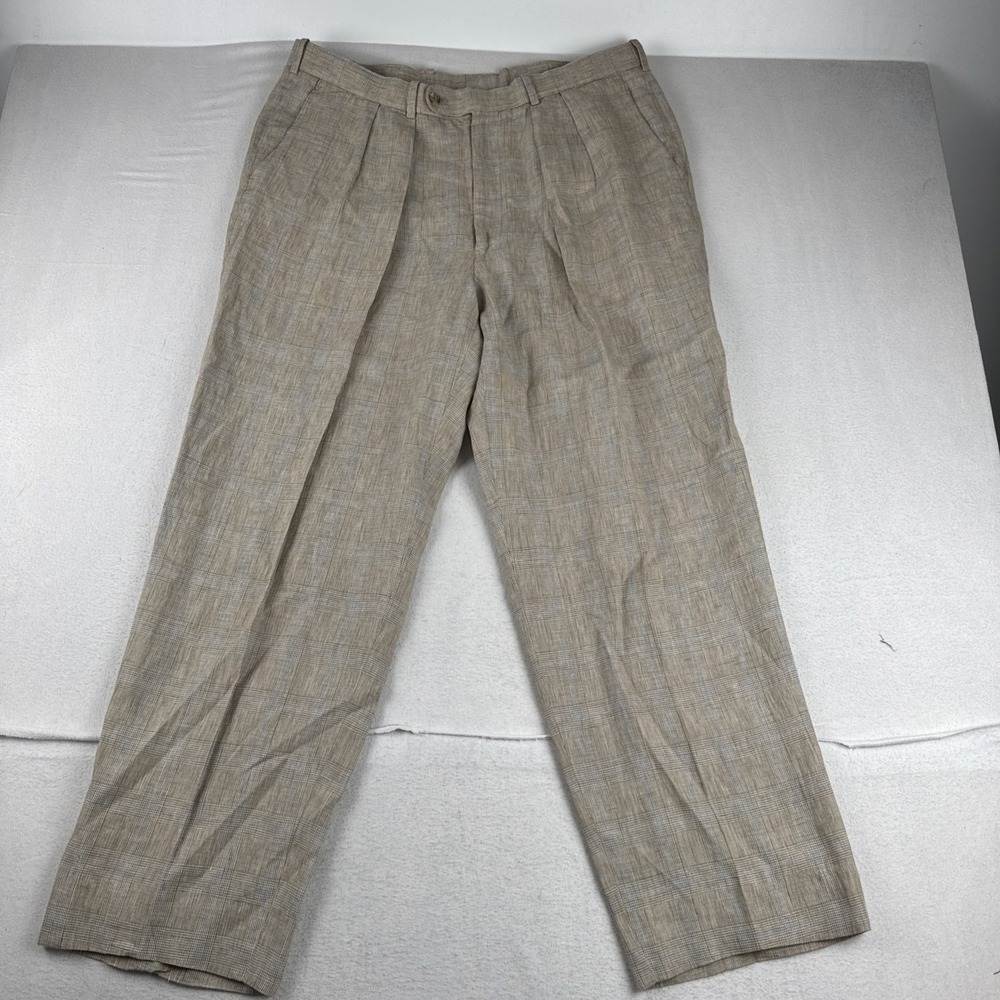 VTG Peter Millar Mens Tan Blue 100% Linen Plaid Pants fits 36*30 Pleated Preppy